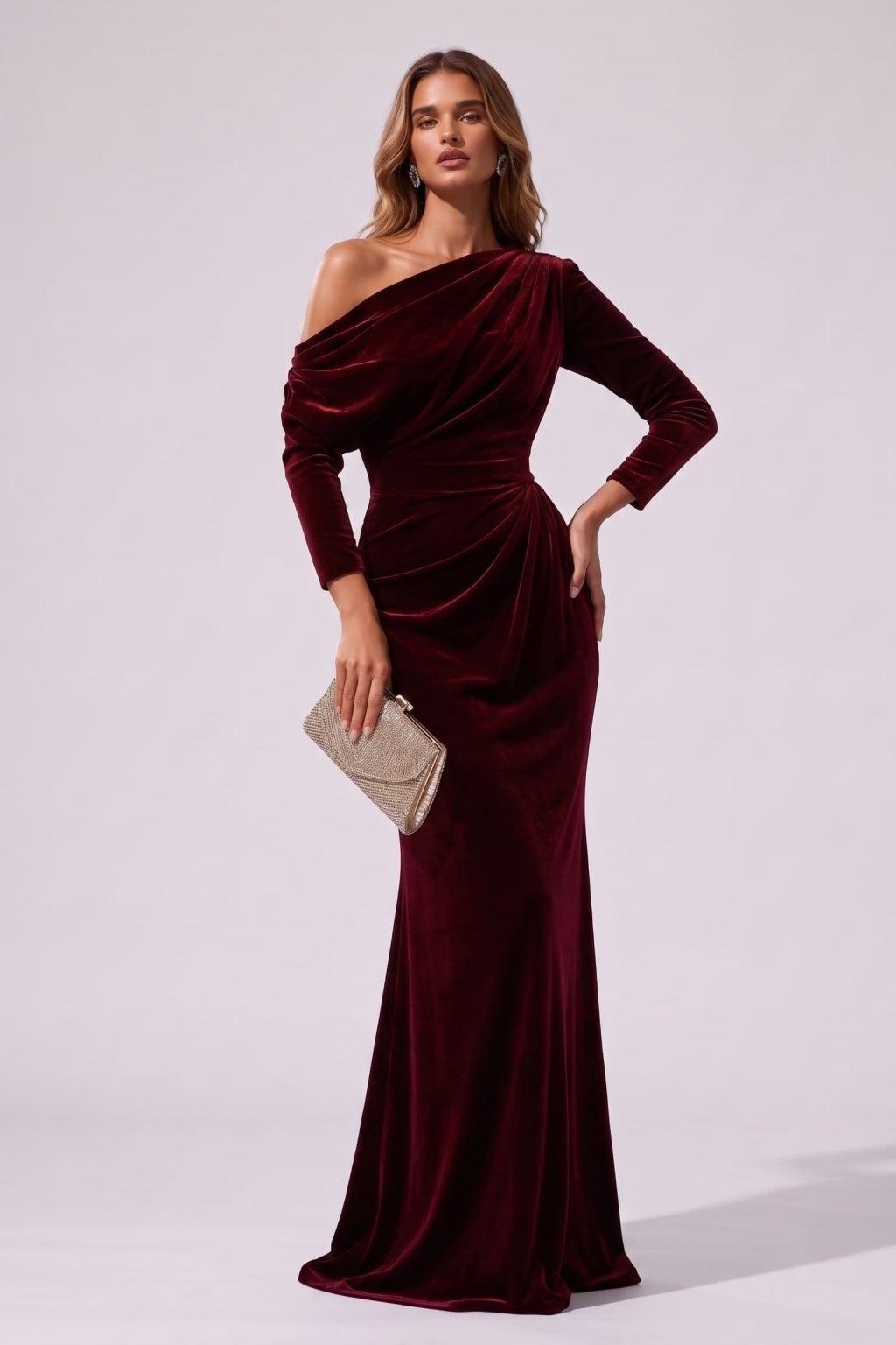 Trumpet-Mermaid Floor Length Velvet Wedding Guest Dress CG0365 - Wine - COCOMELODY